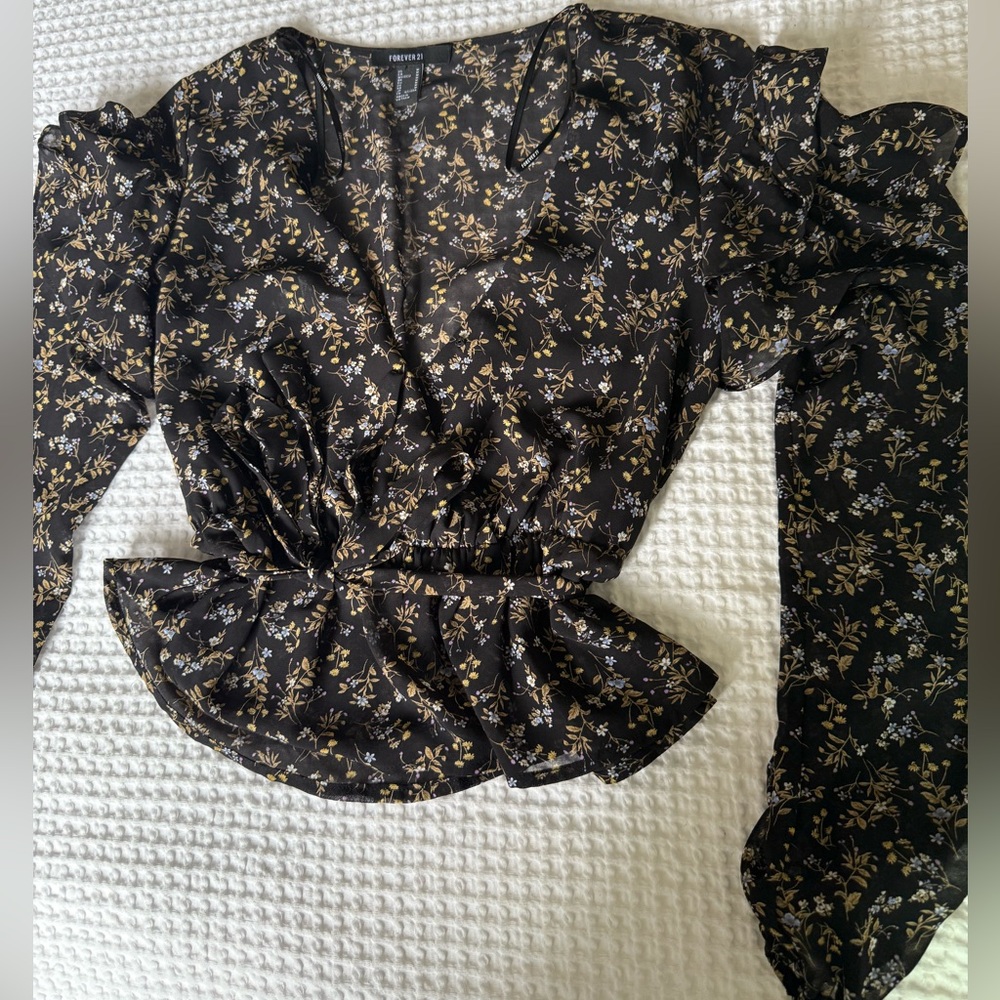 Forever 21 Black Floral Sheer Blouse